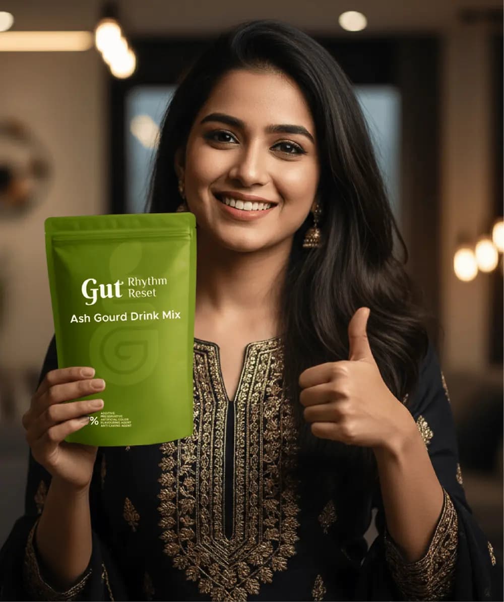 A smiling woman holding an Ash Gourd Drink Mix pouch with a thumbs up