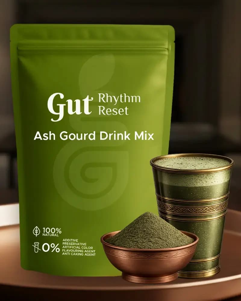 Ash Gourd Drink Mix pouch with a copper bowl and brass tumbler