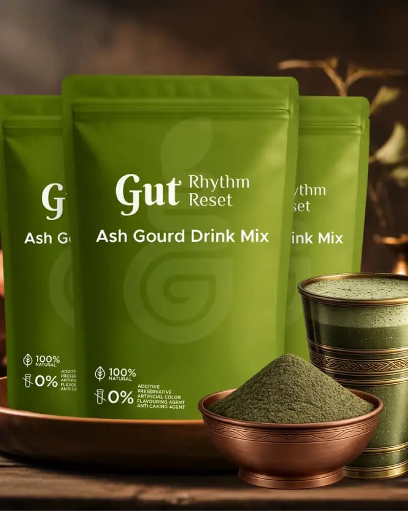 Three Ash Gourd Drink Mix pouches with a bowl of powder