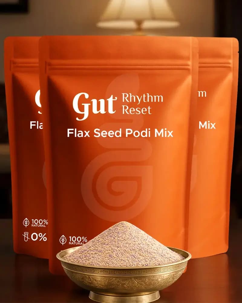 Flax Seed Podi pouches with a brass bowl of podi